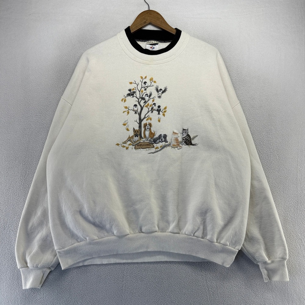 Vintage Grandma Sweater Women's 3XL Beige Dog Cat Fall Graphic Crewneck USA made